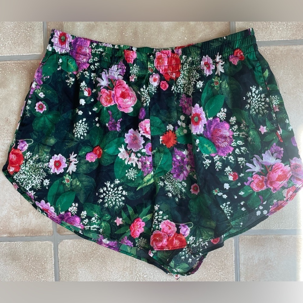 Victorias Secret Satiny High Waist Sleep Pajama Short Shortie Black Garden; M